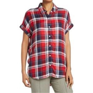 Nordstrom Rack Red and Navy Plaid Button-Up Short Sleeve Top Women’s Medium